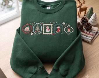 Embroidered Christmas Sweatshirt, Vintage Xmas Stamp Crewneck, Cute Christmas Gift for Family, Cozy Festive Holiday Jumper Pullover