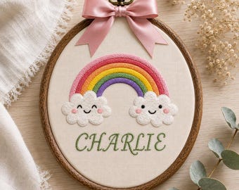Personalized Rainbow Embroidery Hoop, Custom Baby Name Nursery Wall Art, Smiling Cloud Decor, Colorful Baby Gift