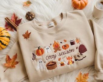 Cozy Season Embroidered Sweatshirt, Fall Pumpkin Crewneck, Cute Ghost Sweater, Autumn Aesthetic Shirt, Cozy Fall Gift