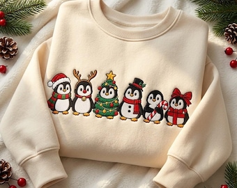 Christmas Penguin Embroidered Sweatshirt, Cute Holiday Penguin Crewneck, Festive Winter Shirt, Penguin Lover Gift