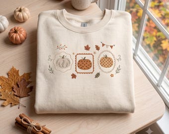 Embroidered Pumpkin Sweatshirt, Cute Fall Crewneck Sweater, Autumn Leaves Postage Stamp Jumper, Thanksgiving Gift, Cozy Season Shirt