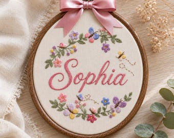 Personalized Butterfly Embroidery Hoop, Custom Name Floral Nursery Wall Art, Wildflower Butterfly Decor, Baby Girl Gift