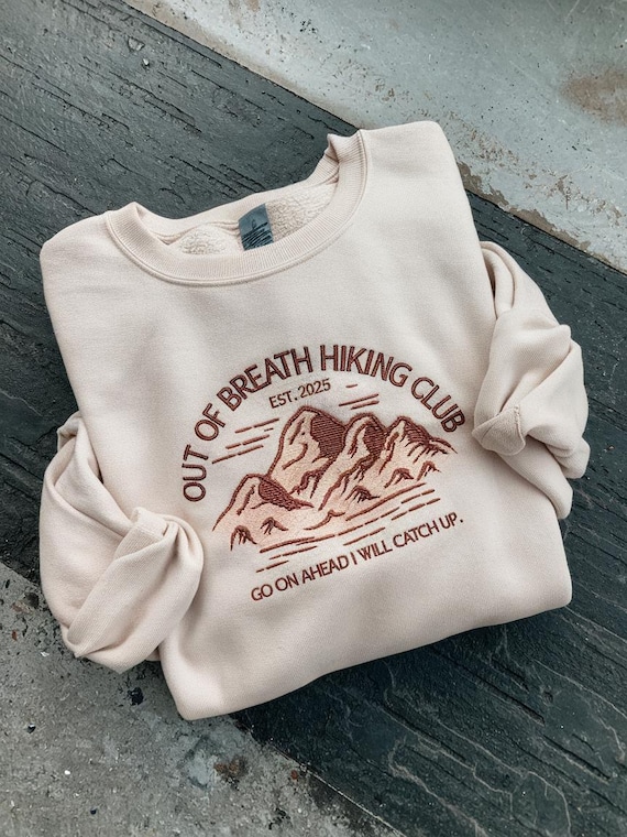 Out of Breath Hiking Club vintage Sweatshirt, funny Embroidered Crewneck, Gift for hiker, gift for camper, for him for her, nature lover