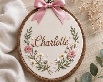 Personalized Floral Name Embroidery Hoop, Custom Baby Name Wall Decor, Pink Daisy Nursery Art, Handmade Baby Shower Gift
