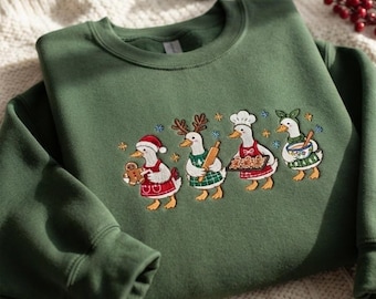 Christmas Goose Embroidered Sweatshirt, Funny Holiday Crewneck, Gingerbread Baking Goose Shirt, Christmas Gift
