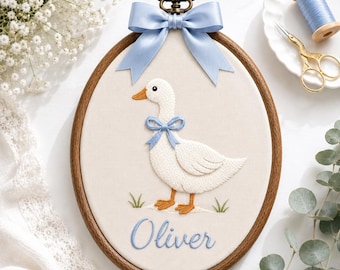 Personalized Blue Bow Goose Embroidery Hoop, Custom Baby Name Nursery Decor, Sweet Goose Wall Art, Newborn Baby Gift