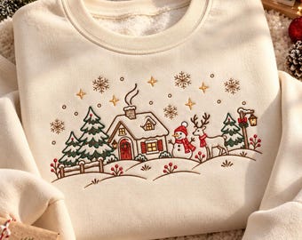 Christmas Village Embroidered Sweatshirt, Winter Wonderland Crewneck, Snowman Reindeer Shirt, Cozy Christmas Gift