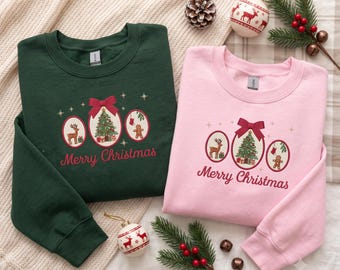 Merry Christmas Sweatshirt, Embroidered Reindeer Tree Bow Crewneck, Christmas Oval Patch Sweater with Bow, Holiday Gift Sweatshirt