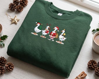 Christmas Goose Sweatshirt, Funny Duck Parade Embroidered Crewneck, Santa Goose Holiday Sweatshirt, Cute Christmas Animal Gift