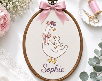 Personalized Mama Duck Embroidery Hoop, Custom Baby Name Nursery Wall Decor, Floral Duckling Keepsake, New Mom Baby Shower Gift