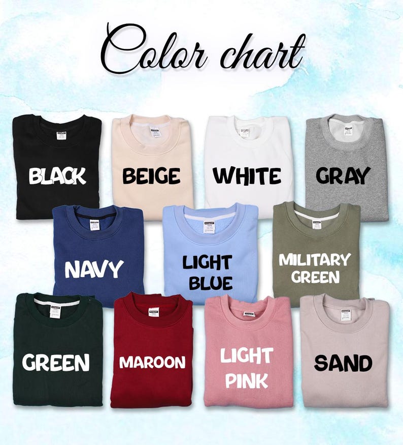 Puede incluir: Una carta de colores que muestra varios colores de sudaderas. La carta incluye negro, beige, blanco, gris, azul marino, azul claro, verde militar, verde, granate, rosa claro y arena. Cada sudadera tiene su nombre de color en texto blanco en negrita.