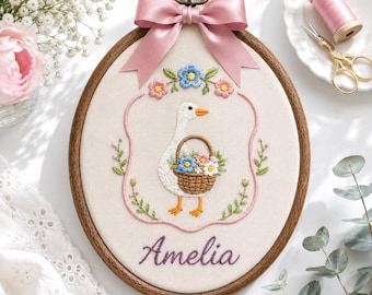 Custom Name Goose Embroidery Hoop, Floral Basket Goose Nursery Wall Hanging, Personalized Baby Room Decor, Unique Baby Shower Gift