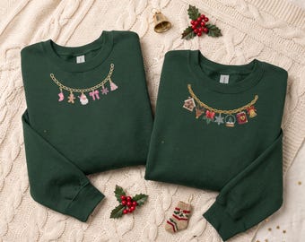 Christmas Charm Necklace Sweatshirt, Embroidered Ornament Chain Crewneck, Holiday Charm Bracelet Style Sweater, Cute Christmas Gift