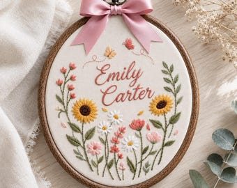 Personalized Wildflower Embroidery Hoop, Custom Family Name Wall Art, Sunflower Daisy Floral Decor, Cottagecore Home Gift