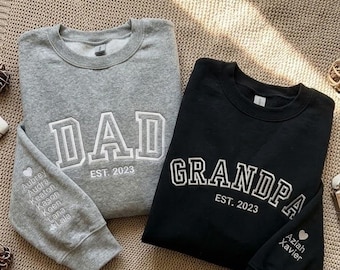 Personalized Dad Grandpa Embroidered Sweatshirt, Custom Kids Names Sleeve, Est Year Crewneck, New Dad Gift, Christmas Gift