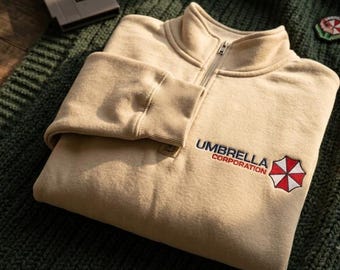 Umbrella Corporation Embroidered Quarter Zip, Raccoon City Sweatshirt, Resident Evil Shirt, Horror Game Pullover, Gamer Gift