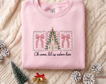 Oh Come Let Us Adore Him Sweatshirt, Christian Christmas Sweatshirt, Nativity Bow Embroidered Crewneck, Religious Holiday Gift