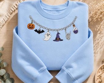 Halloween Embroidered Sweatshirt, Spooky Pumpkin Bat Ghost Witch Hat Crewneck, Halloween Charm Garland Pullover, Fall Gift