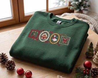 Embroidered Christmas Goose Sweatshirt, Cute Vintage Xmas Postage Stamp Crewneck, Gingerbread House Sweater, Festive Goose Holiday Gift