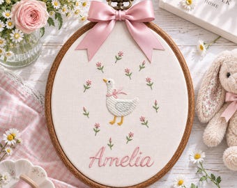 Personalized Goose Embroidery Hoop, Custom Baby Name Nursery Decor, Pink Floral Goose Wall Art, Baby Girl Room Gift