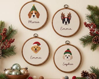 Custom Pet Portrait Embroidery Hoop, Personalized Dog Name Ornament, Hand Embroidered Christmas Pet Gift, Dog Mom Gift