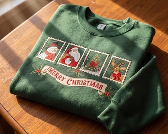 Embroidered Christmas Stamp Sweatshirt, Vintage Merry Christmas Shirt, Santa Snowman Reindeer Tree Crewneck, Beige Cozy Holiday Sweater
