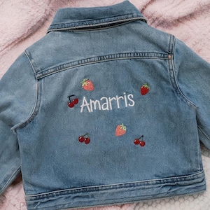 Customs Name Embroidered Kid Denim Jacket, Fruits Jean Jacket, Embroidered Jacket, Embroidered Baby Denim Jacket, Personalized Denim Jacket