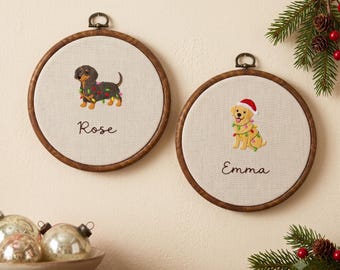 Custom Dog Portrait Embroidery Hoop, Personalized Pet Name with Christmas Lights, Hand Embroidered Dog Ornament, Dog Mom Christmas Gift