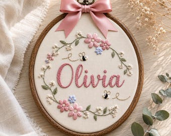 Personalized Bee Embroidery Hoop, Custom Name Floral Nursery Wall Art, Pink Wildflower Bee Decor, Baby Girl Gift
