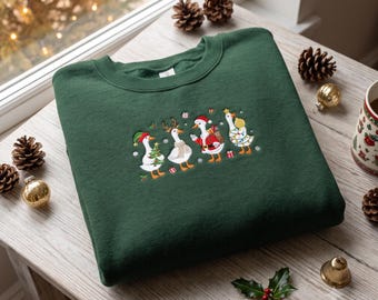 Embroidered Christmas Geese Sweatshirt, Cute Christmas Duck Crewneck, Festive Goose Holiday Jumper, Silly Christmas Goose Gift