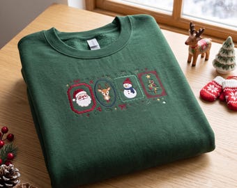 Embroidered Christmas Sweatshirt, Santa Reindeer Snowman Crewneck, Vintage Xmas Postage Stamp Jumper, Festive Christmas Tree Gift
