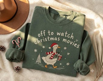 Sweat-shirt brodé d'une oie de Noël, T-shirt « En route pour les films de Noël », Pull d'hiver douillet, Cadeau de Noël