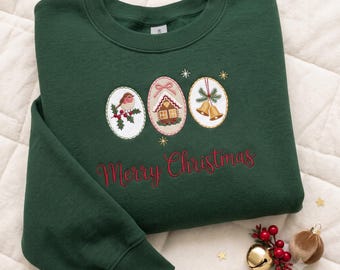 Merry Christmas Sweatshirt, Embroidered Gingerbread House Candy Cane Bell Crewneck, Holiday Oval Patch Sweater, Christmas Gift