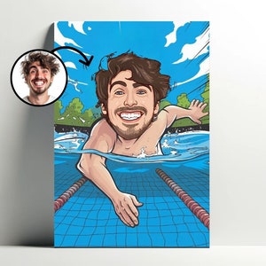 Personalisiertes Schwimmportrait | Anpassbares Schwimmer-Cartoon-Poster, Fotokarikatur, Geschenkidee für Männer, Schwimmdekoration