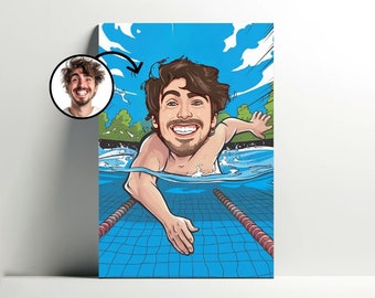 Personalized Swimming Portrait | Customizable Swimmer Cartoon Poster, Photo Caricature, Gift Idea for Men, Swimming Decoration