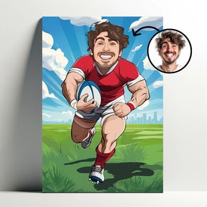 Personalized Rugby Player Portrait | Customizable Rugbyman Cartoon Poster, Photo Caricature, Gift Idea for Rugby Man