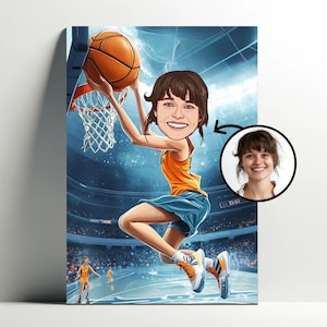Ritratto personalizzato di una ragazza giocatrice di basket | Poster di cartoni animati di basket personalizzabile, caricatura fotografica, idea regalo per le donne