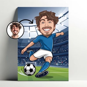 Ritratto personalizzato del calciatore | Poster personalizzabile di cartoni animati di calcio, caricatura fotografica di ragazzo, idea regalo per uomo di calcio