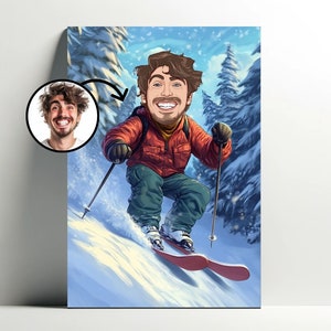Ritratto personalizzato dello sciatore maschio | Poster personalizzabile di cartoni animati di sci, caricatura fotografica, idea regalo per ragazzo, decorazione per sciatori