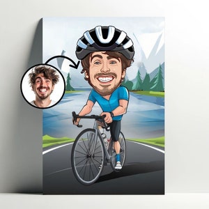 Ritratto personalizzato del ciclista | Poster personalizzabile di cartoni animati per biciclette, caricatura fotografica, decorazione idea regalo per uomo per ciclista