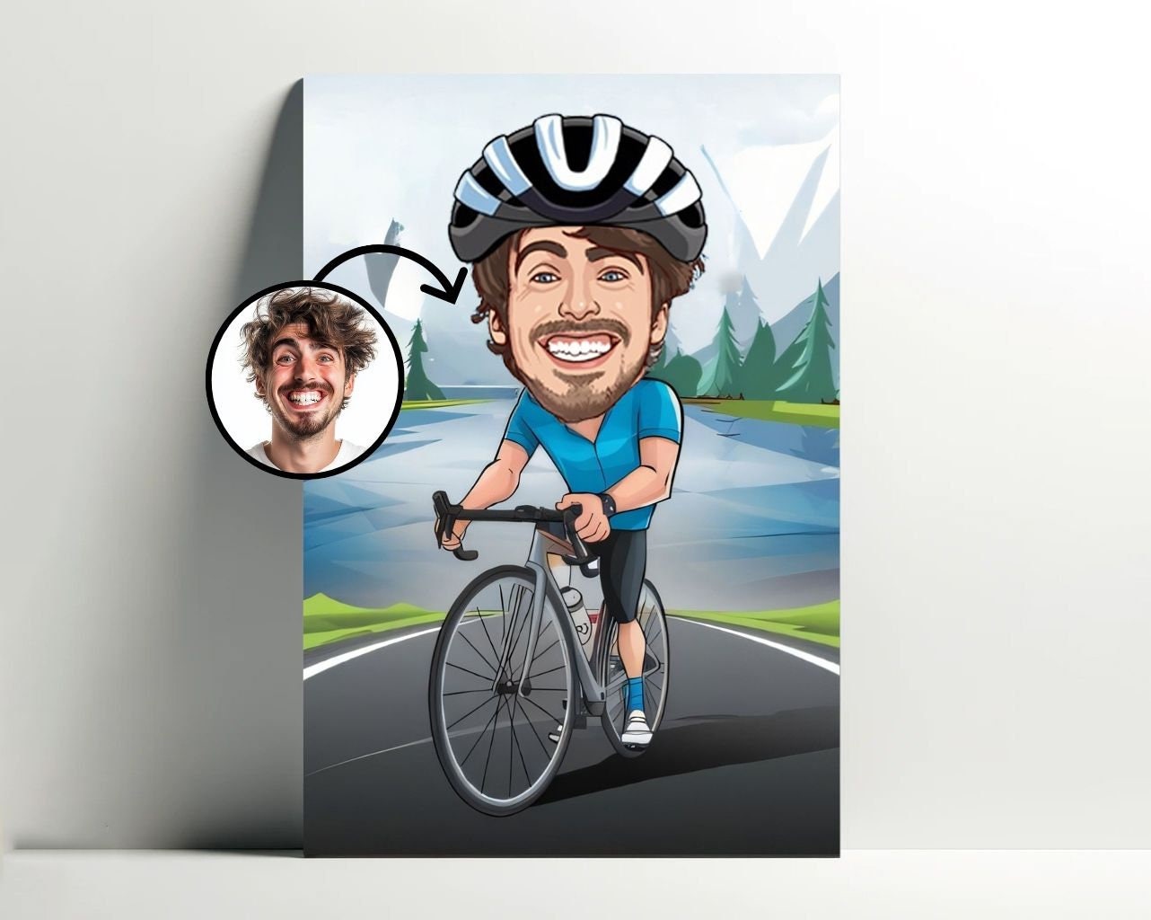 Personalized Cyclist Portrait | Customizable Bicycle Cartoon Poster, Photo Caricature, Gift Idea for Men Decoration for Cyclist