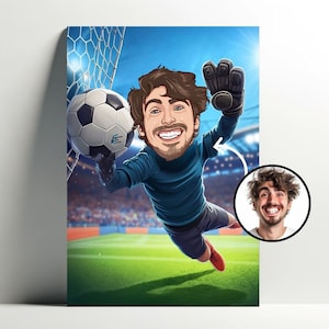 Gepersonaliseerde Cartoon voetbal keeper portret | Aanpasbare cartoonposter, karikatuurfoto, voetbalcadeau-idee voor heren