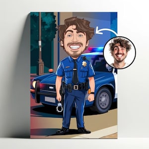 Ritratto personalizzato della polizia | Poster di cartoni animati personalizzabile dell'ufficiale di polizia, caricatura fotografica, regalo per uomini, decorazione dell'ufficiale di polizia