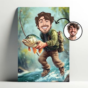 Ritratto personalizzato di pescatore con pesce| Poster personalizzabile di cartoni animati da pesca, caricatura fotografica, decorazione regalo per pescatori