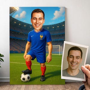 Ritratto di calciatore personalizzato FRANCIA - Caricatura di un uomo dei cartoni animati con foto, divertente regalo di calcio per ragazzi | Poster, tela, digitale