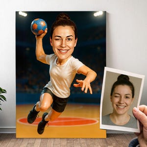 Personalized Handball Player Portrait - Cartoon Woman Caricature with Photo, Handball Gift for Girl | Poster, Canvas, Digital