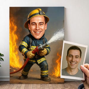 Ritratto personalizzato di un pompiere - Caricatura di un uomo dei cartoni animati con foto, divertente regalo per un pompiere | Poster, tela, digitale