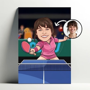 Ritratto personalizzato di una ragazza che gioca a ping-pong | Poster personalizzabile di cartoni animati da ping pong, caricatura fotografica, regalo per donna giocatore di ping