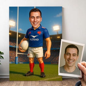 Spersonalizowany portret rugby FRANCJA - karykatura chłopca ze zdjęciem, oryginalny prezent rugby dla mężczyzn | Plakat, płótno, cyfrowe