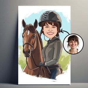 Retrato personalizado de equitación de dibujos animados | Póster personalizable de jinete de caballo de dibujos animados, foto de caricatura, idea de regalo para mujeres y niñas